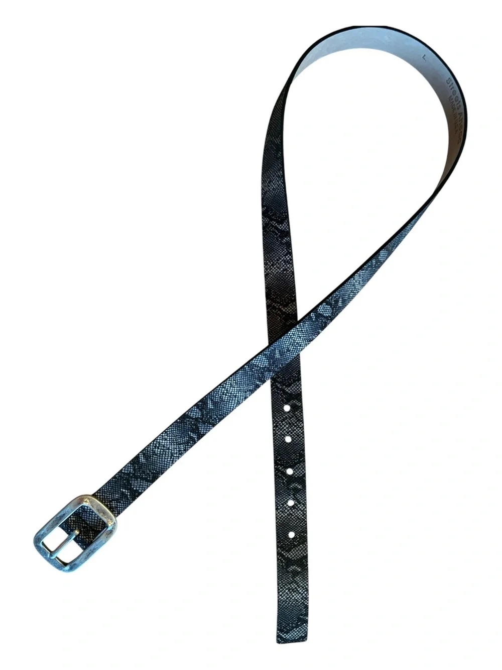 Streets Ahead belt, women's L, black and grey snake print, silver buckle. Euc
